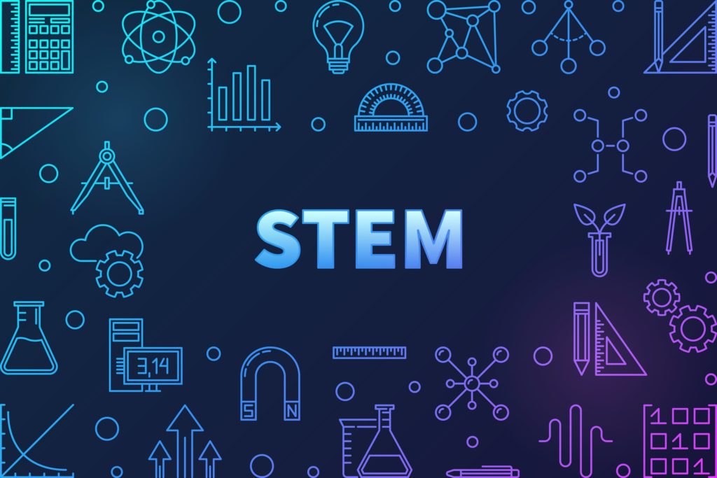 Science, technology, engineering and math colored horizontal frame - vector STEM concept outline illustration on dark background